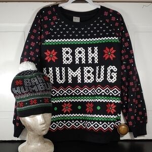Set Of Bah Humbug Ugly Christmas Sweater Festive Sweatshirt And Hat Size XL